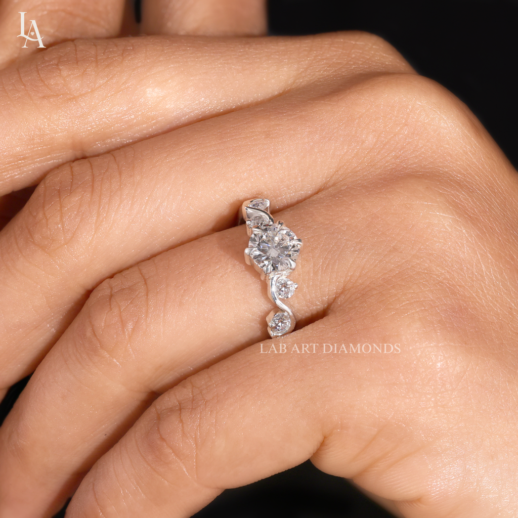Round Cut Scattered Wave Vine Engagement Ring