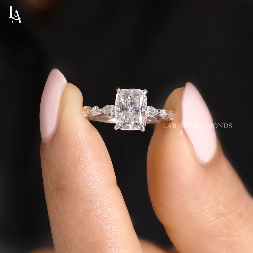 Cushion Cut Marquise Accent Solitaire Engagement Ring