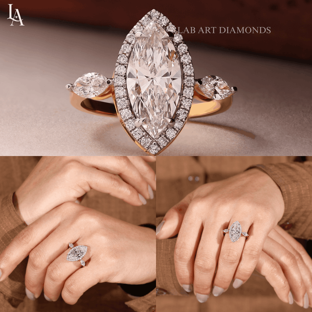Marquise-Cut Three Stone Halo Engagement Ring