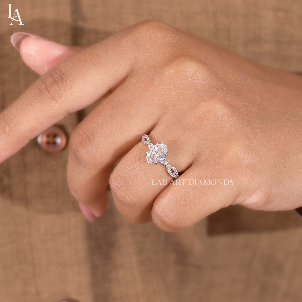 Oval Cut Hidden Halo Twisted Pave Band Engagement Ring
