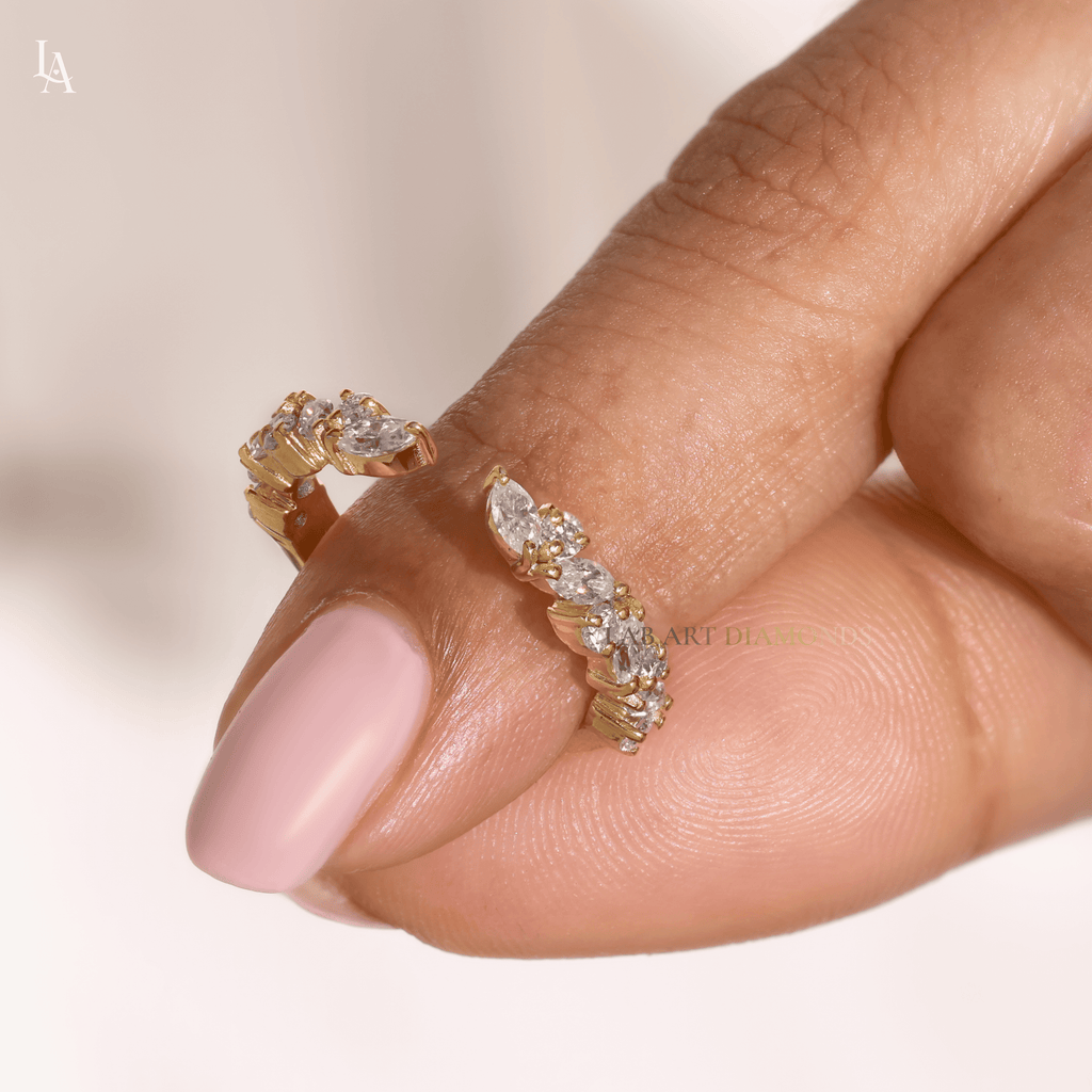 Floral Cluster Marquise Wide Leaf Wedding Band