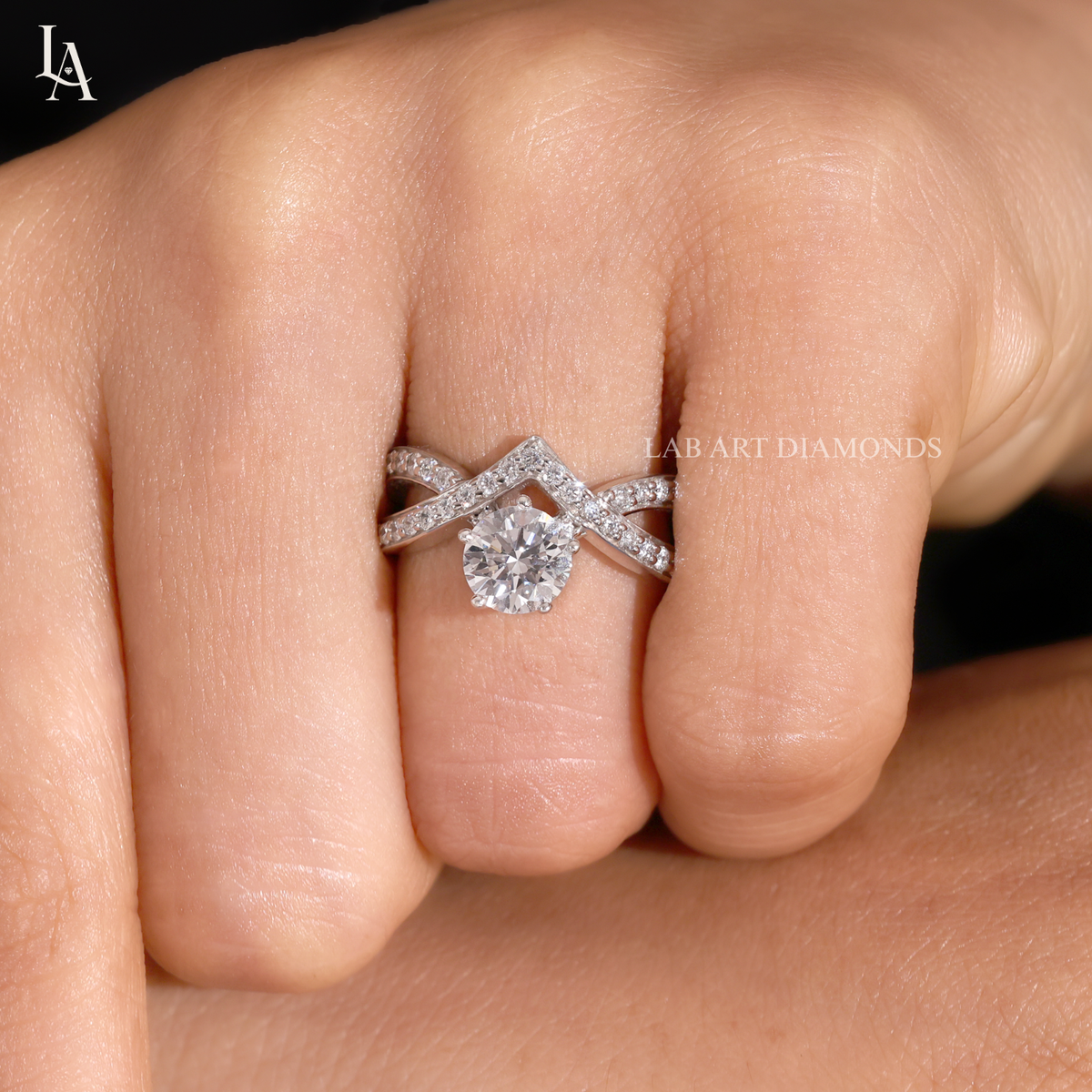 Round Cut Pave Crossover V Band Diamond Ring