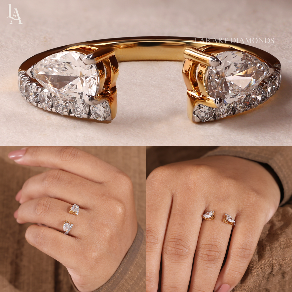 Pear Cut Open Cuff Toi et Moi Two Stone Ring