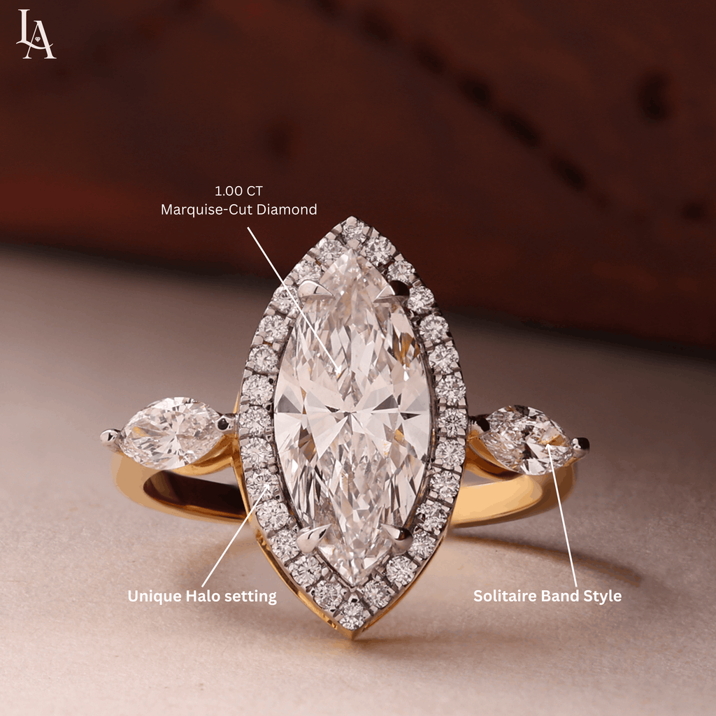 Marquise-Cut Three Stone Halo Engagement Ring