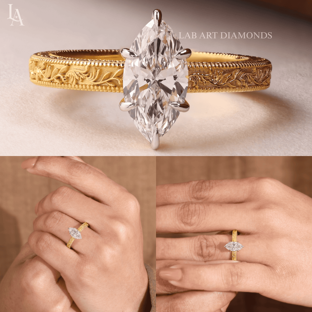 Marquise Cut Vintage Hand Engraved Solitaire Engagement Ring