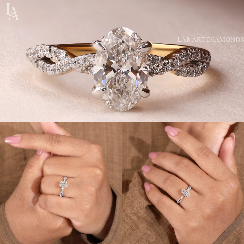 Oval Cut Hidden Halo Twisted Pave Band Engagement Ring