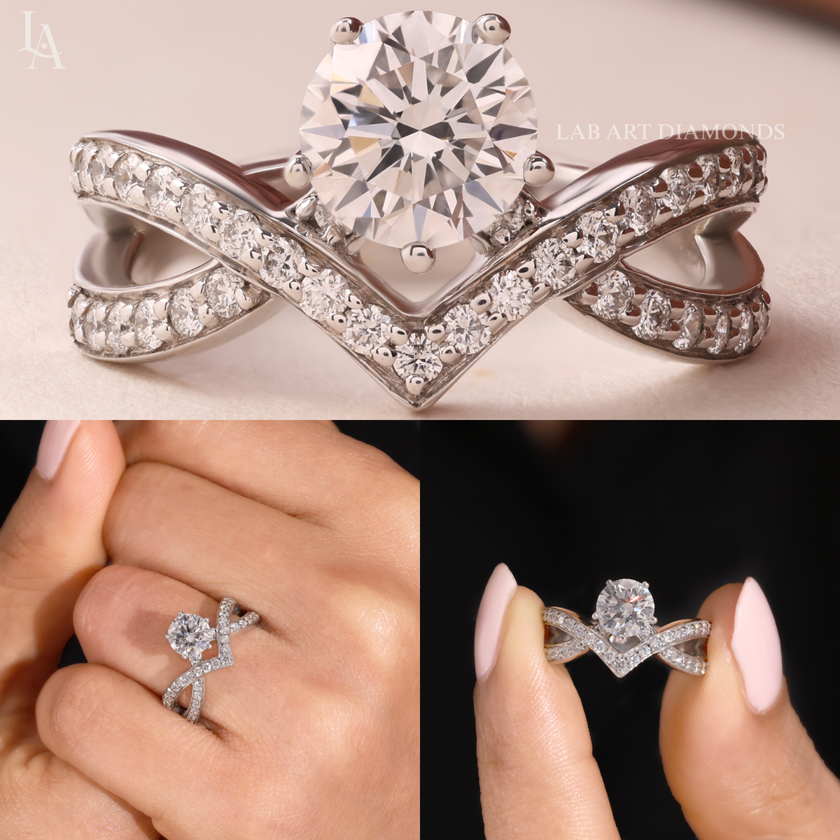 Round Cut Pave Crossover V Band Diamond Ring