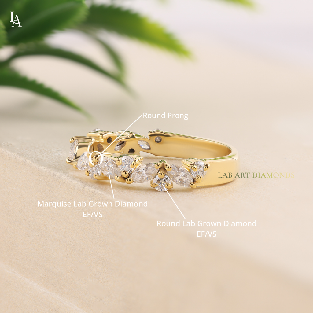 Floral Cluster Marquise Wide Leaf Wedding Band