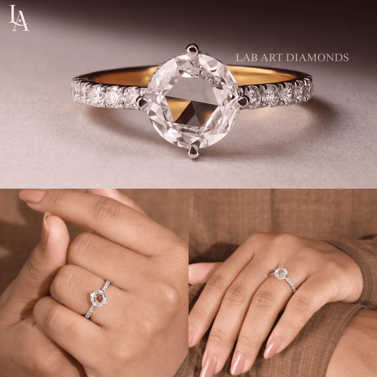 Round Rose Cut Hidden Halo Engagement Ring