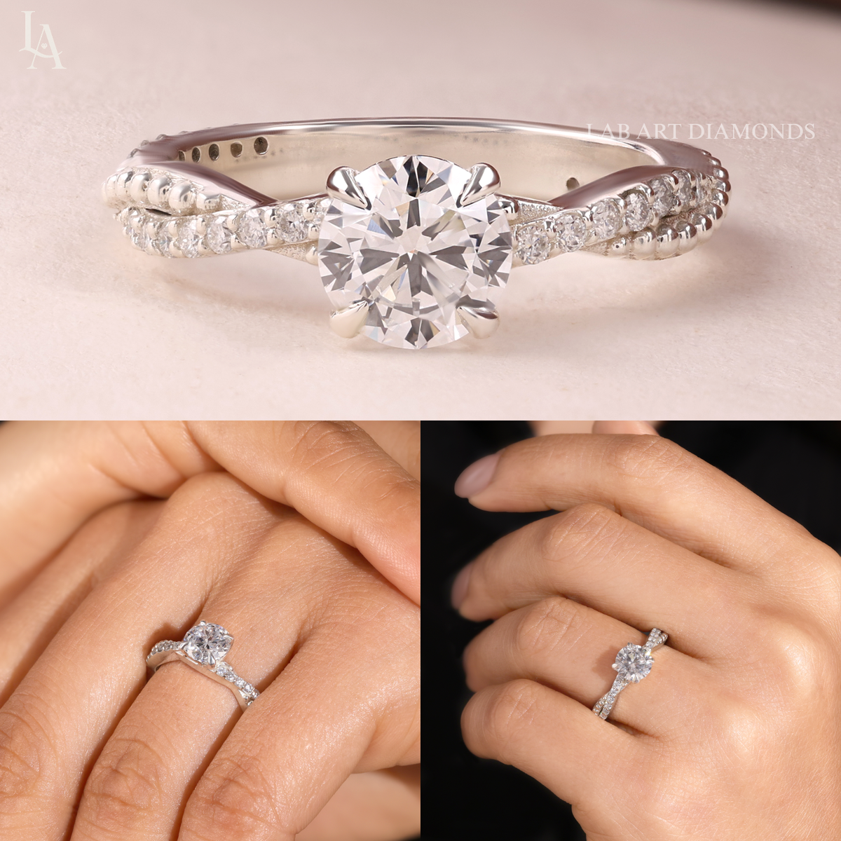 Beaded Twist Milgrain Pave Engagement Ring