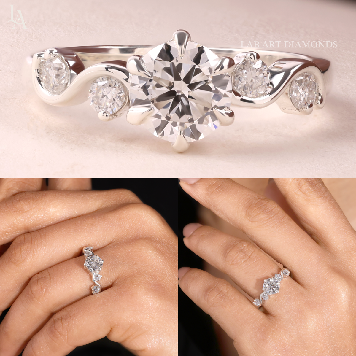 Round Cut Scattered Wave Vine Engagement Ring