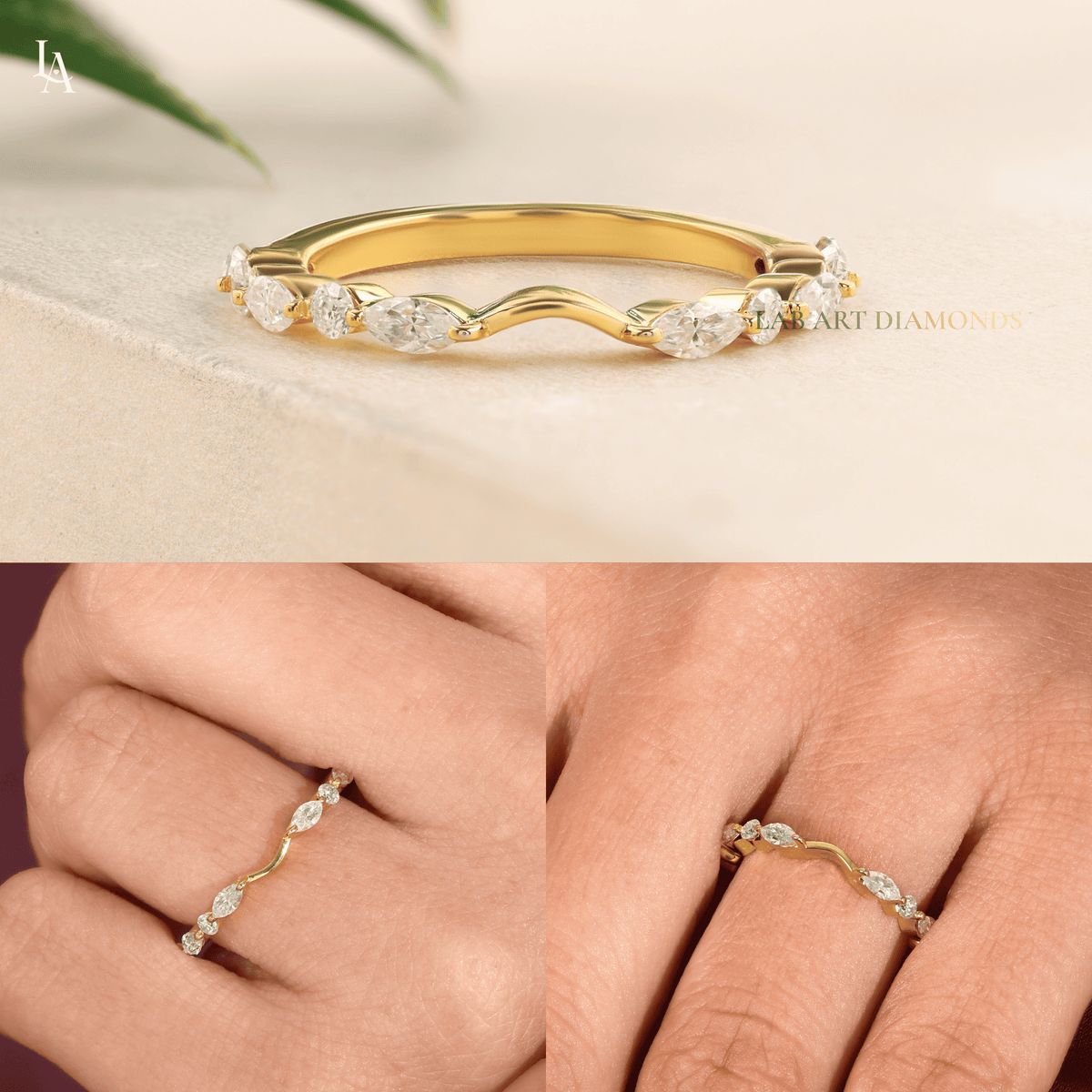Vine Leaf Marquise Alternating Round Curved V Contour Band