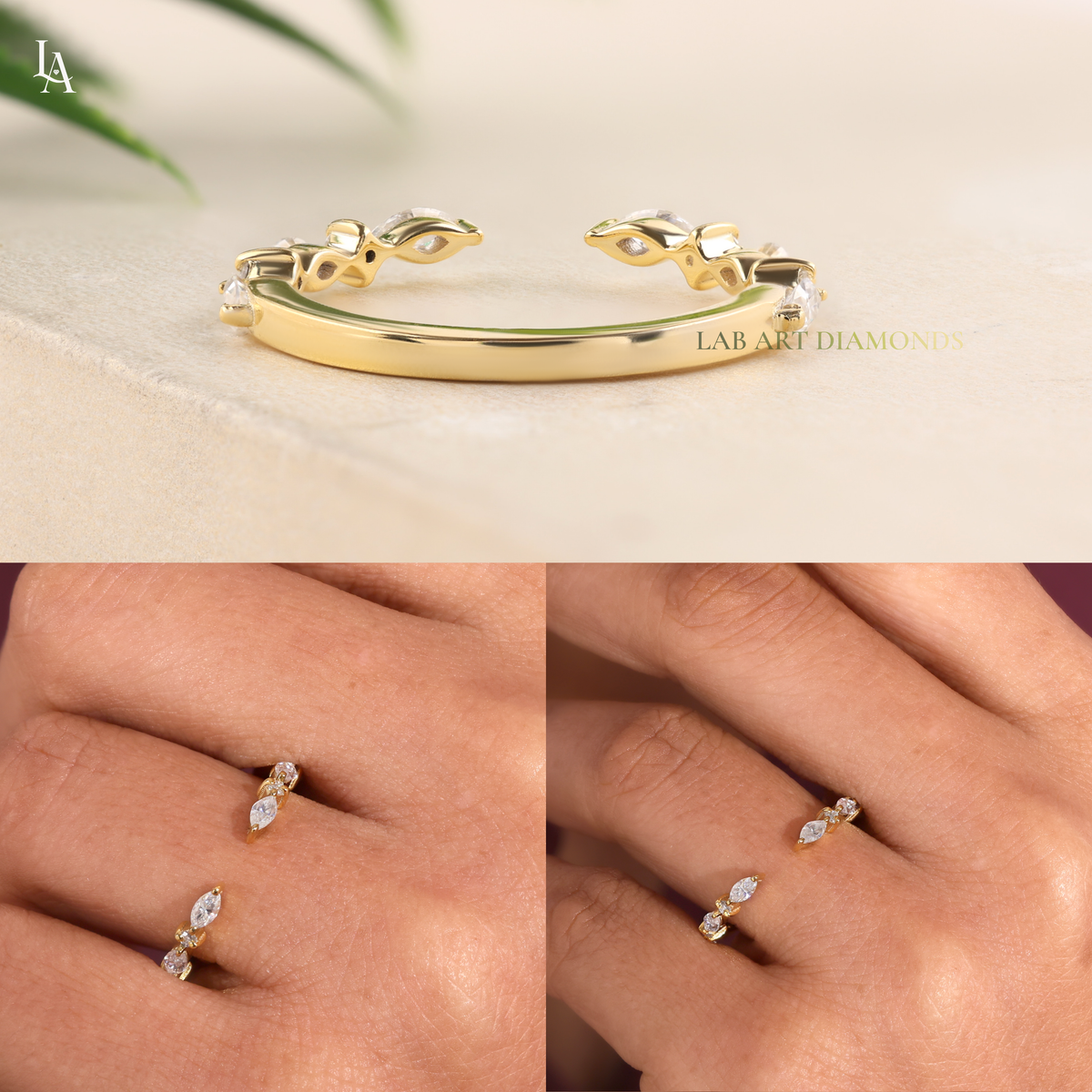 Nature Inspired Marquise Leaf Vine Open Cuff Wedding Band
