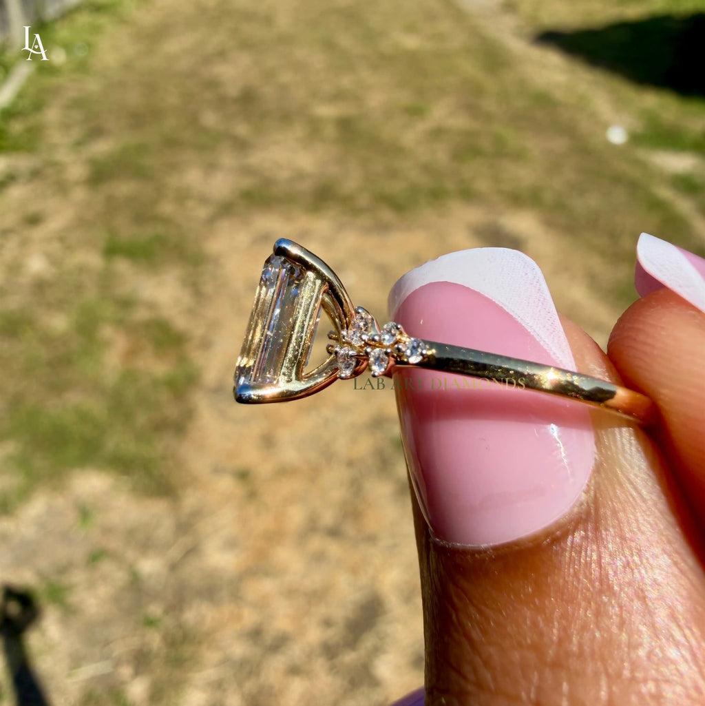 Emerald Cut Floral Side Stone Engagement Ring