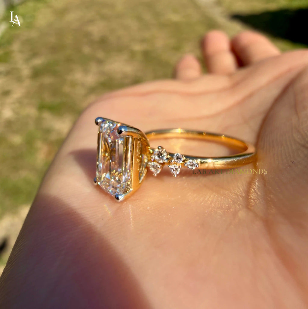 Emerald Cut Floral Side Stone Engagement Ring