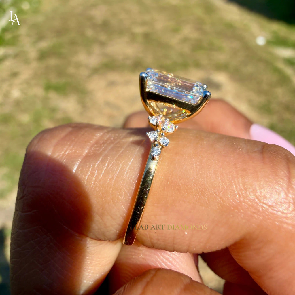 Emerald Cut Floral Side Stone Engagement Ring
