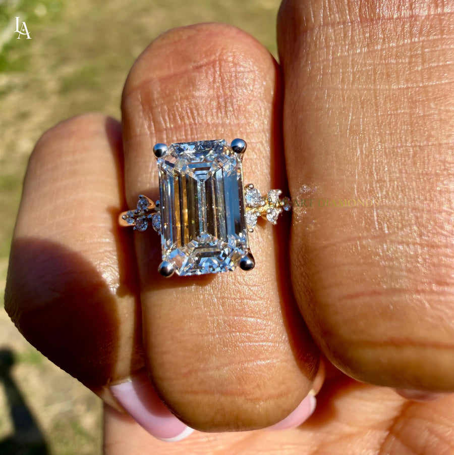 Emerald Cut Floral Side Stone Engagement Ring