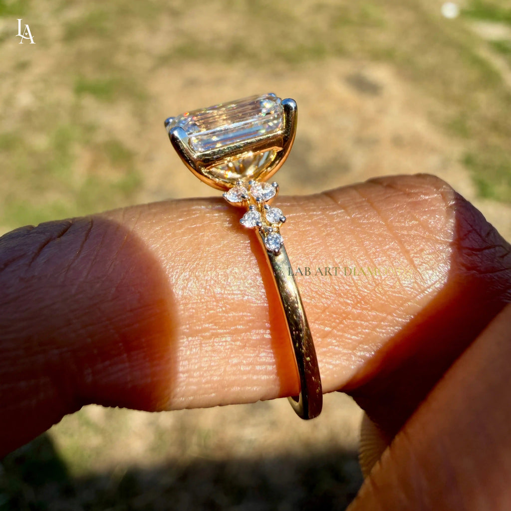 Emerald Cut Floral Side Stone Engagement Ring