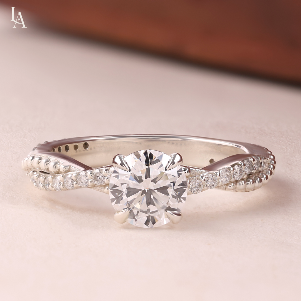 Beaded Twist Milgrain Pave Engagement Ring