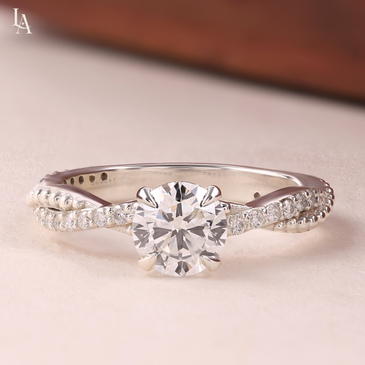 Beaded Twist Milgrain Pave Engagement Ring