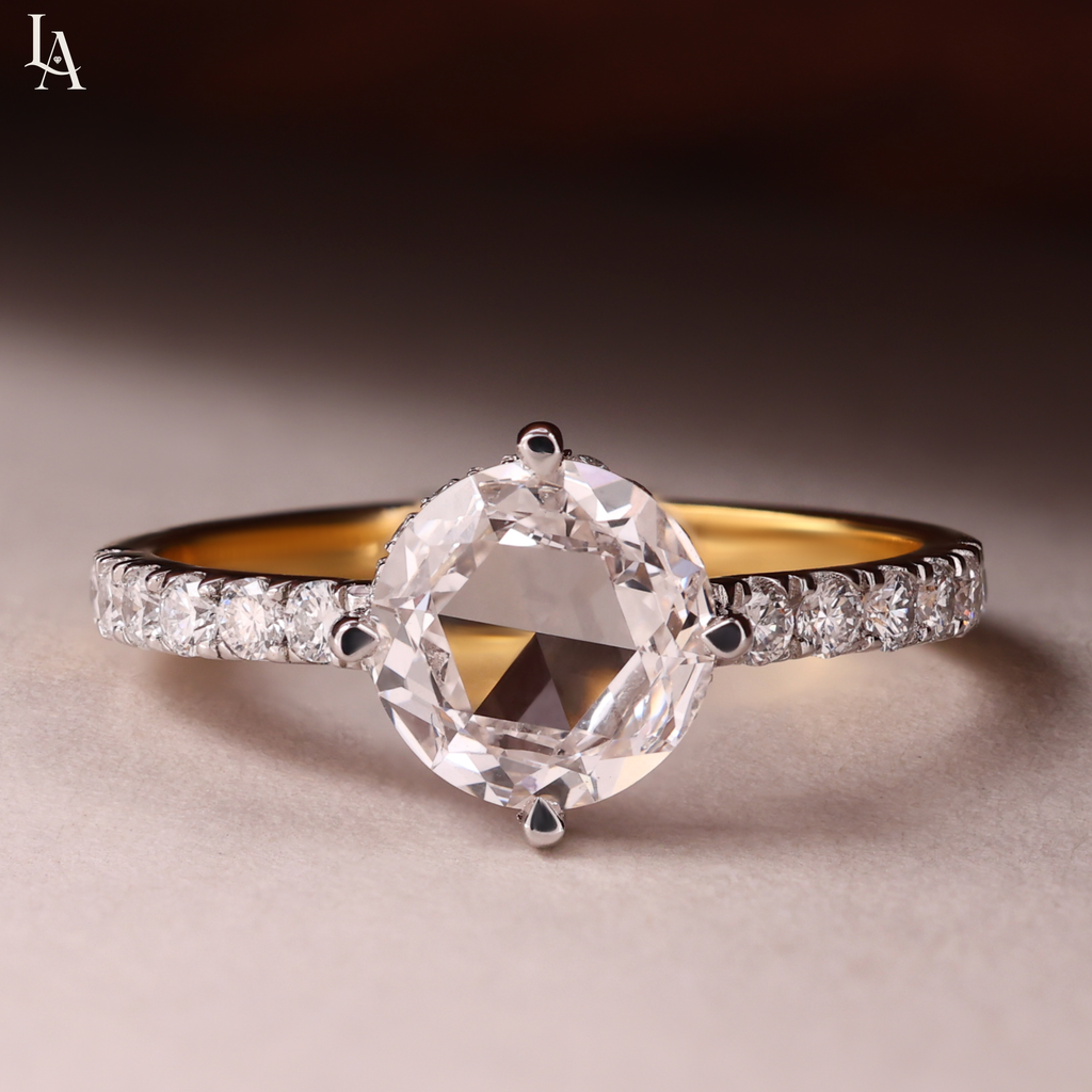 Round Rose Cut Hidden Halo Engagement Ring