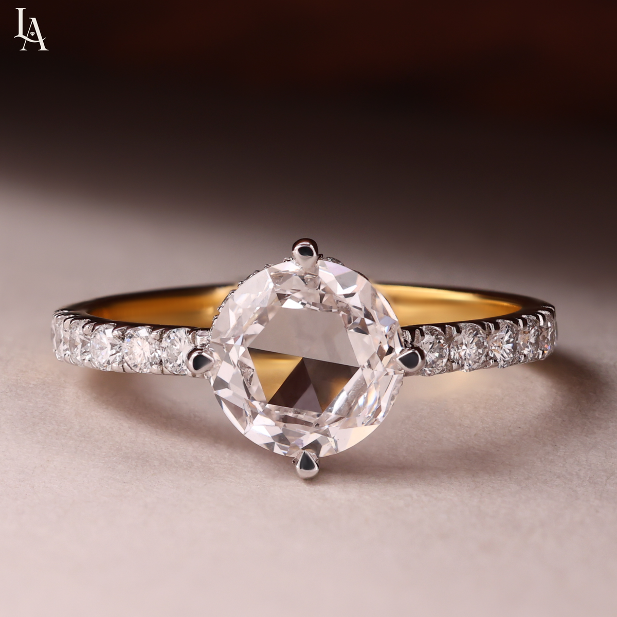 Round Rose Cut Hidden Halo Engagement Ring