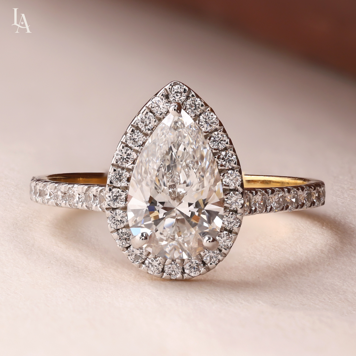 Pear Cut Halo Pave Band Engagement Ring