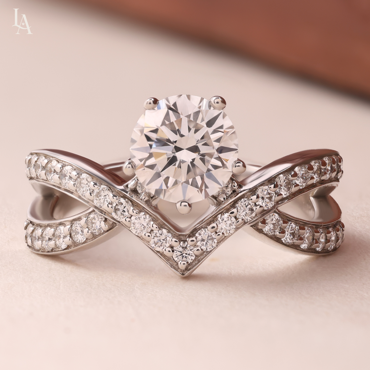 Round Cut Pave Crossover V Band Diamond Ring