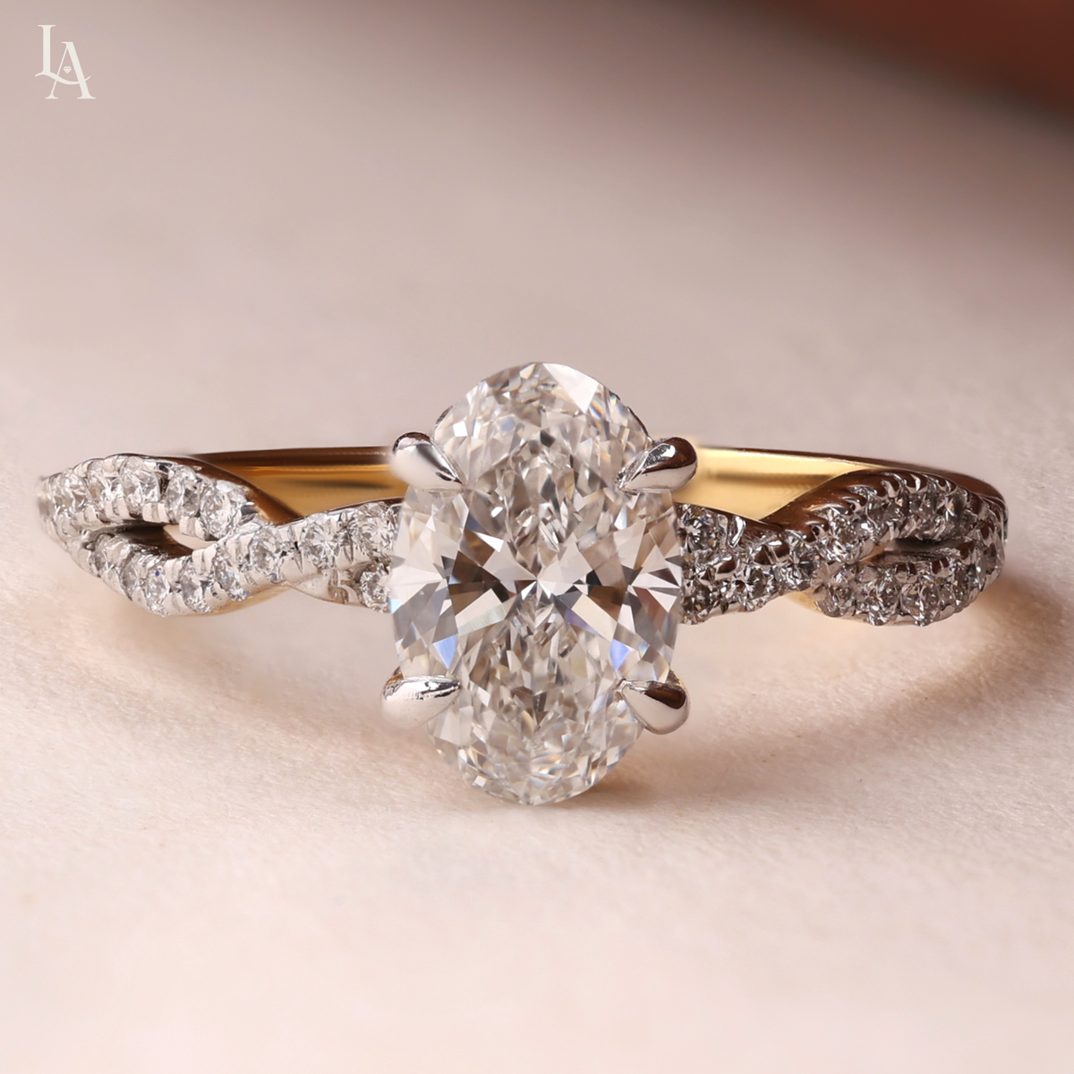 Oval Cut Hidden Halo Twisted Pave Band Engagement Ring