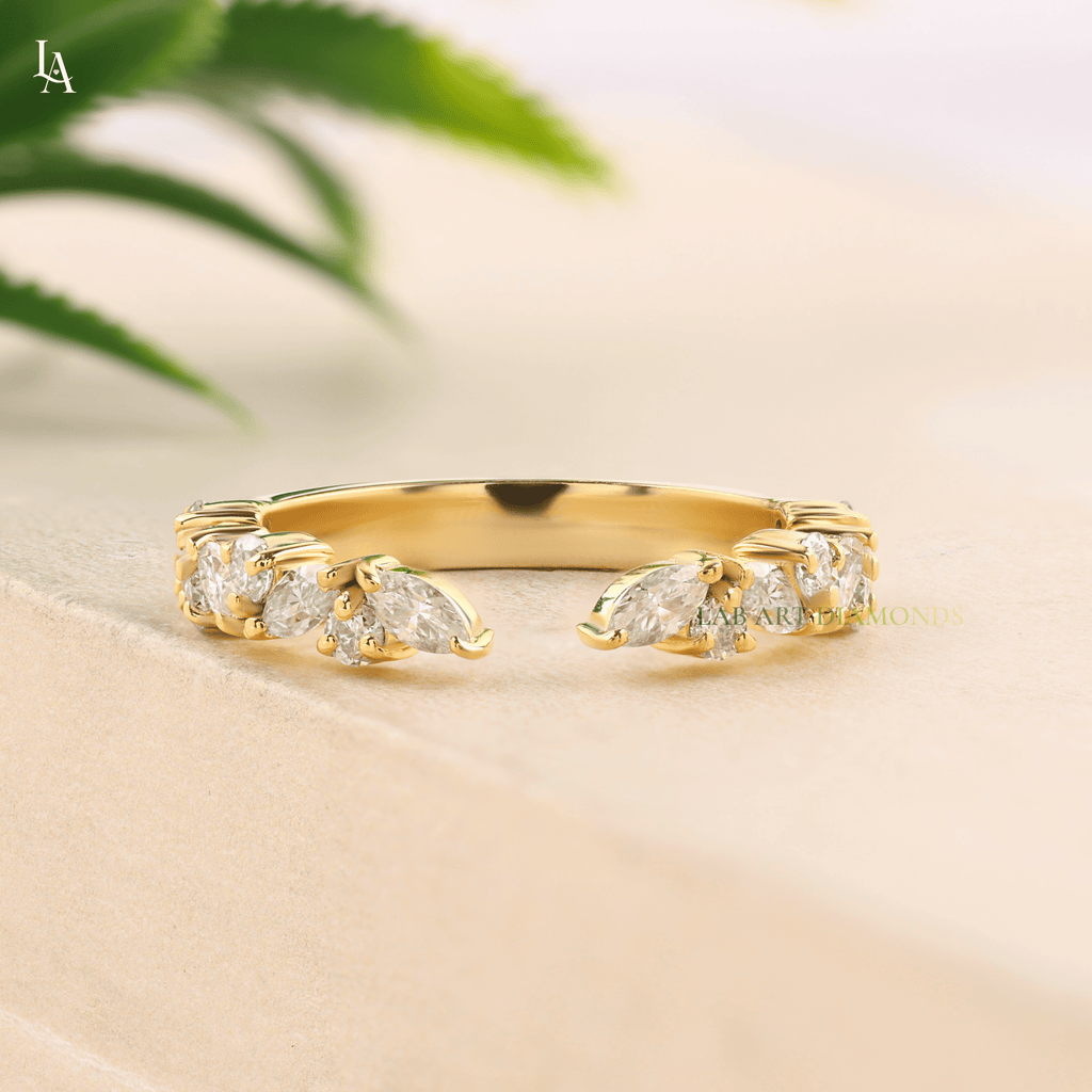 Floral Cluster Marquise Wide Leaf Wedding Band