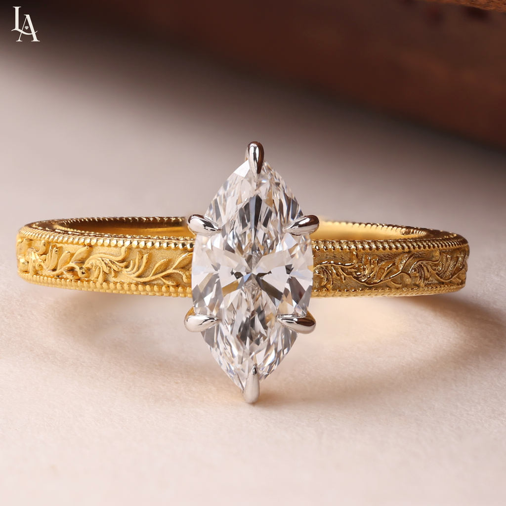 Marquise Cut Vintage Hand Engraved Solitaire Engagement Ring
