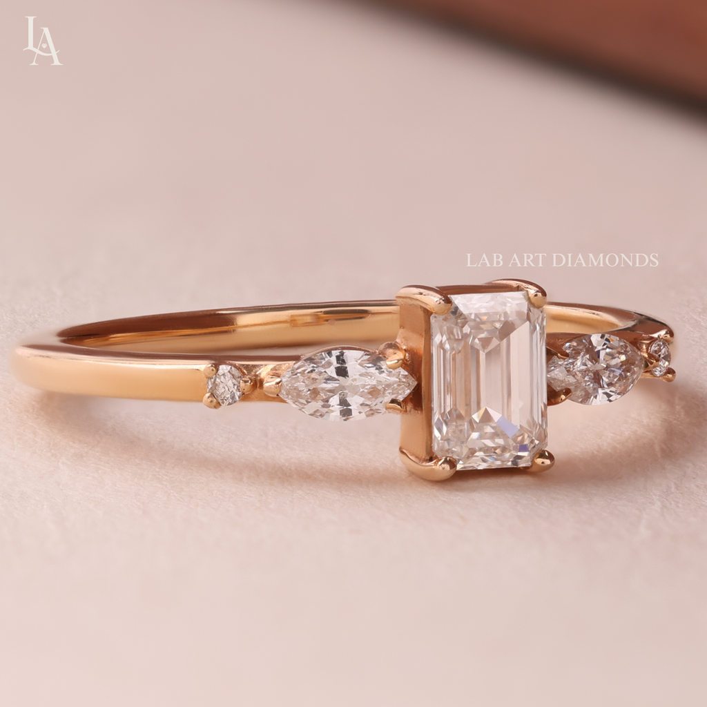 Emerald Cut Marquise Cluster Diamond Engagement Ring