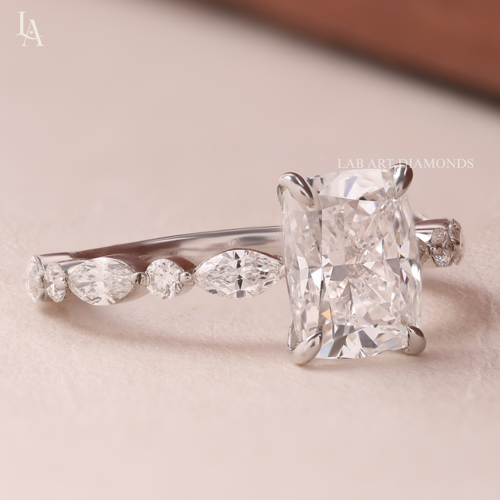 Cushion Cut Marquise Accent Solitaire Engagement Ring