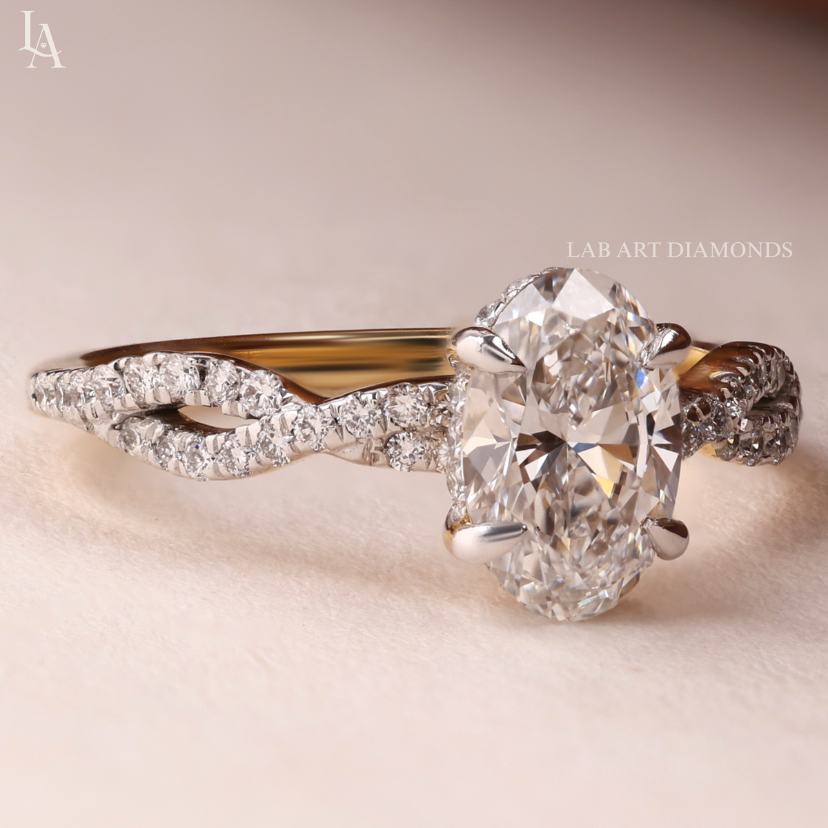 Oval Cut Hidden Halo Twisted Pave Band Engagement Ring