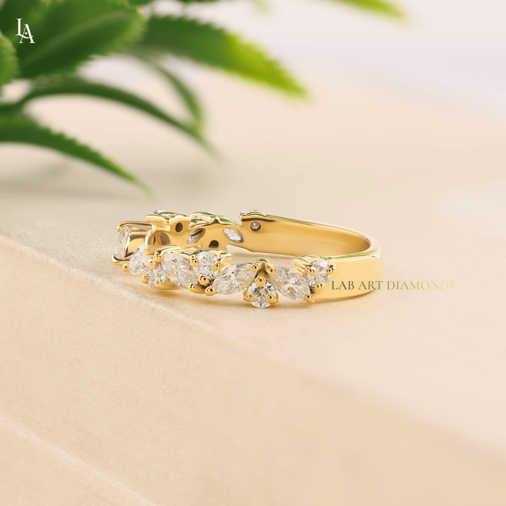 Floral Cluster Marquise Wide Leaf Wedding Band