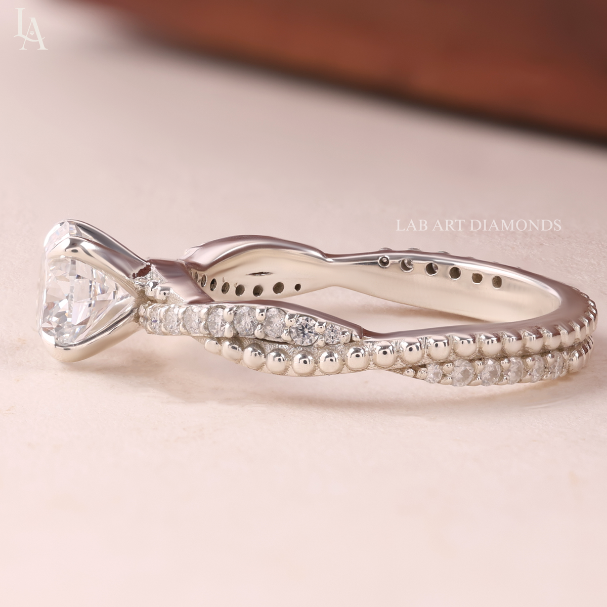 Beaded Twist Milgrain Pave Engagement Ring