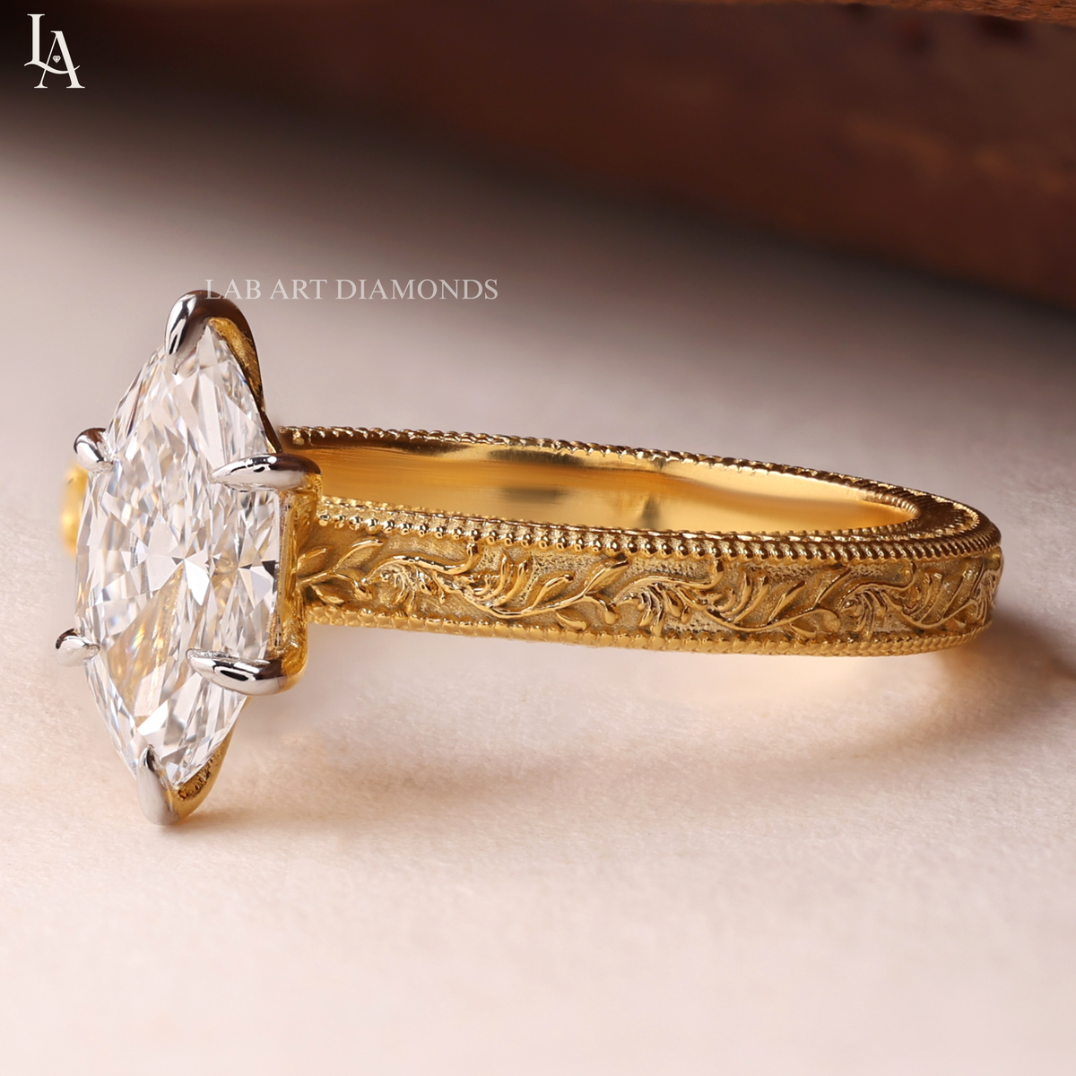 Marquise Cut Vintage Hand Engraved Solitaire Engagement Ring