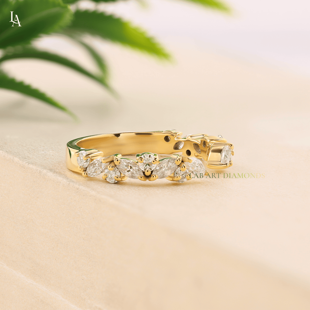 Floral Cluster Marquise Wide Leaf Wedding Band