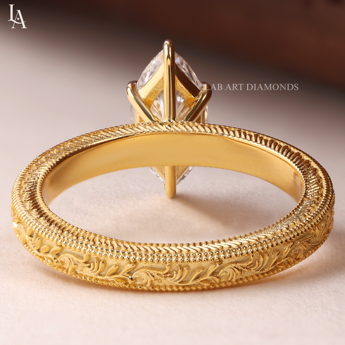 Marquise Cut Vintage Hand Engraved Solitaire Engagement Ring