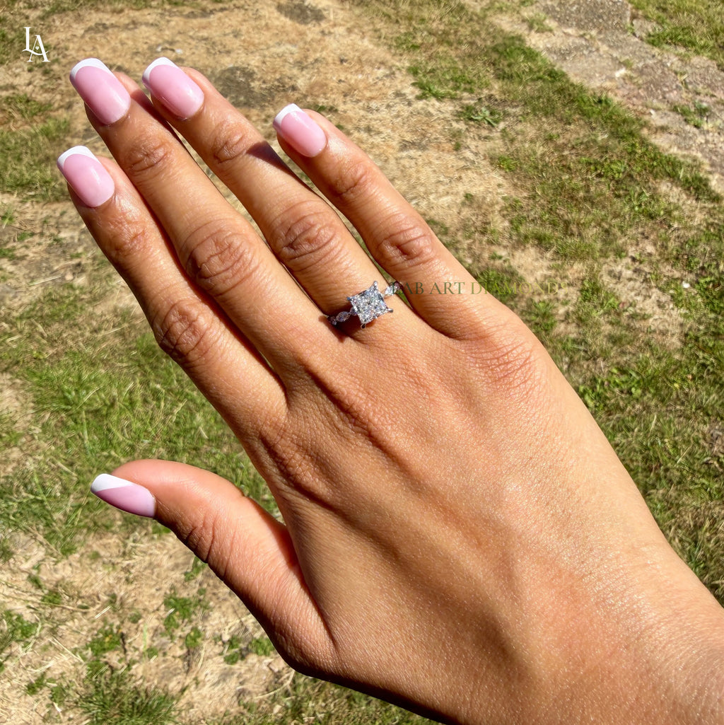 White gold Princess Cut Diamond Solitaire Engagement Ring with Hidden Halo and Four-Prong Setting