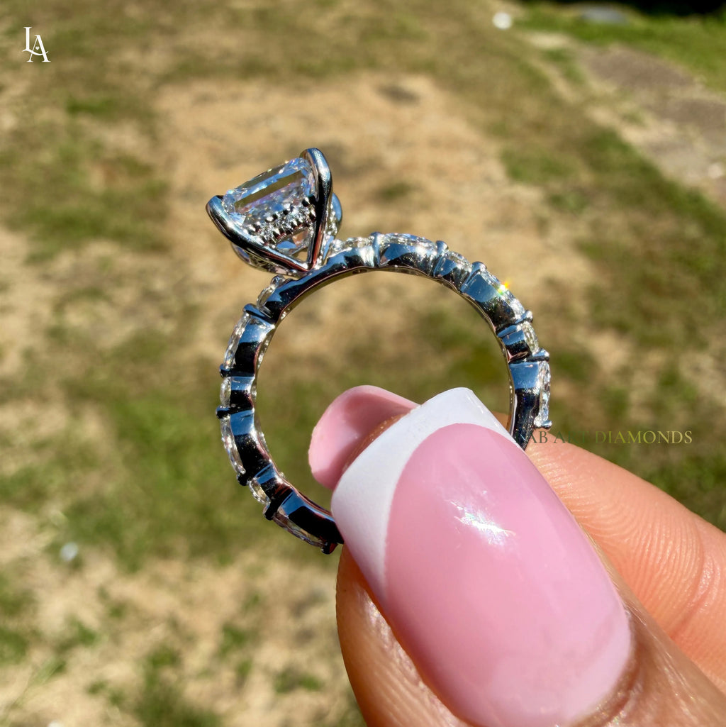 White gold Princess Cut Diamond Solitaire Engagement Ring with Hidden Halo and Four-Prong Setting