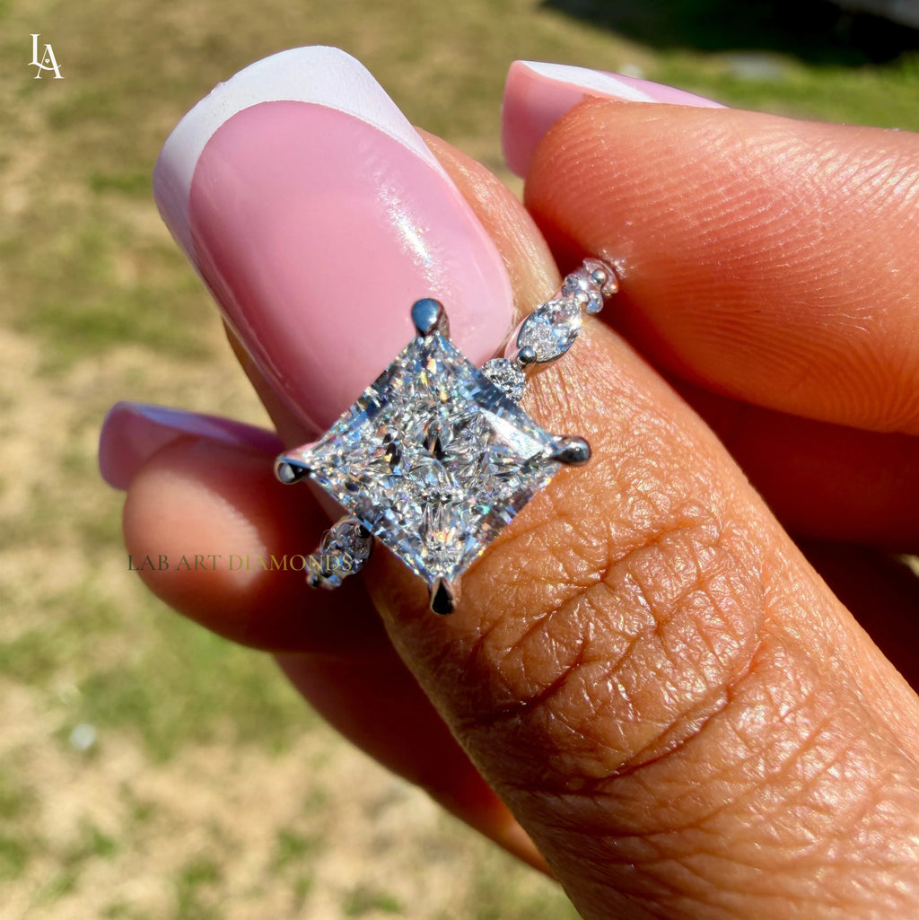 White gold Princess Cut Diamond Solitaire Engagement Ring with Hidden Halo and Four-Prong Setting