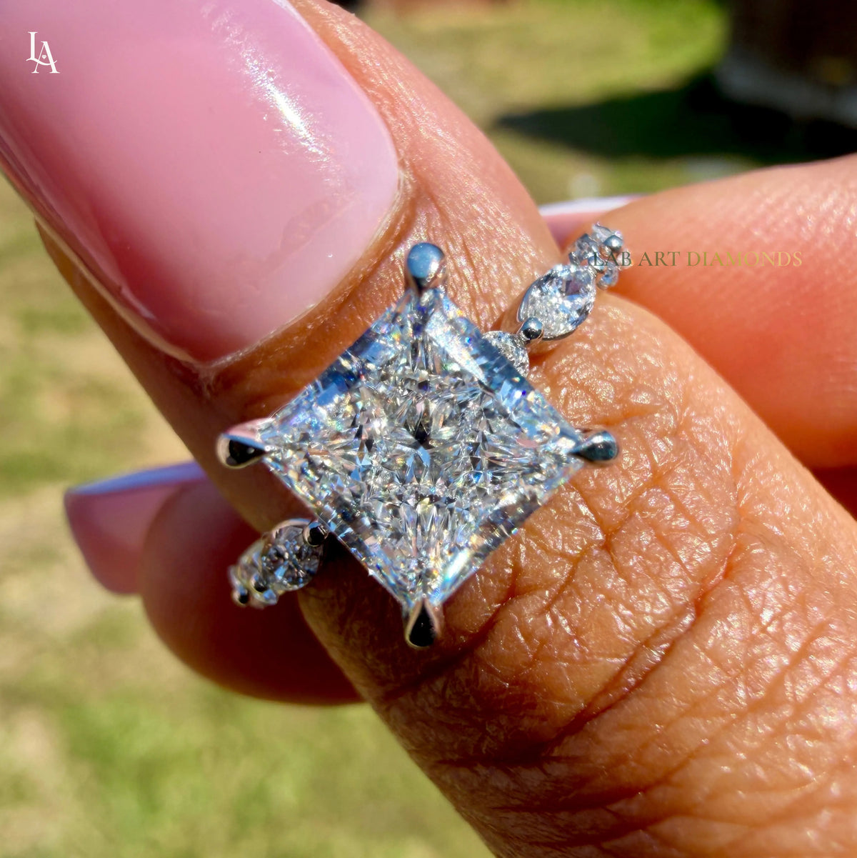 White gold Princess Cut Diamond Solitaire Engagement Ring with Hidden Halo and Four-Prong Setting