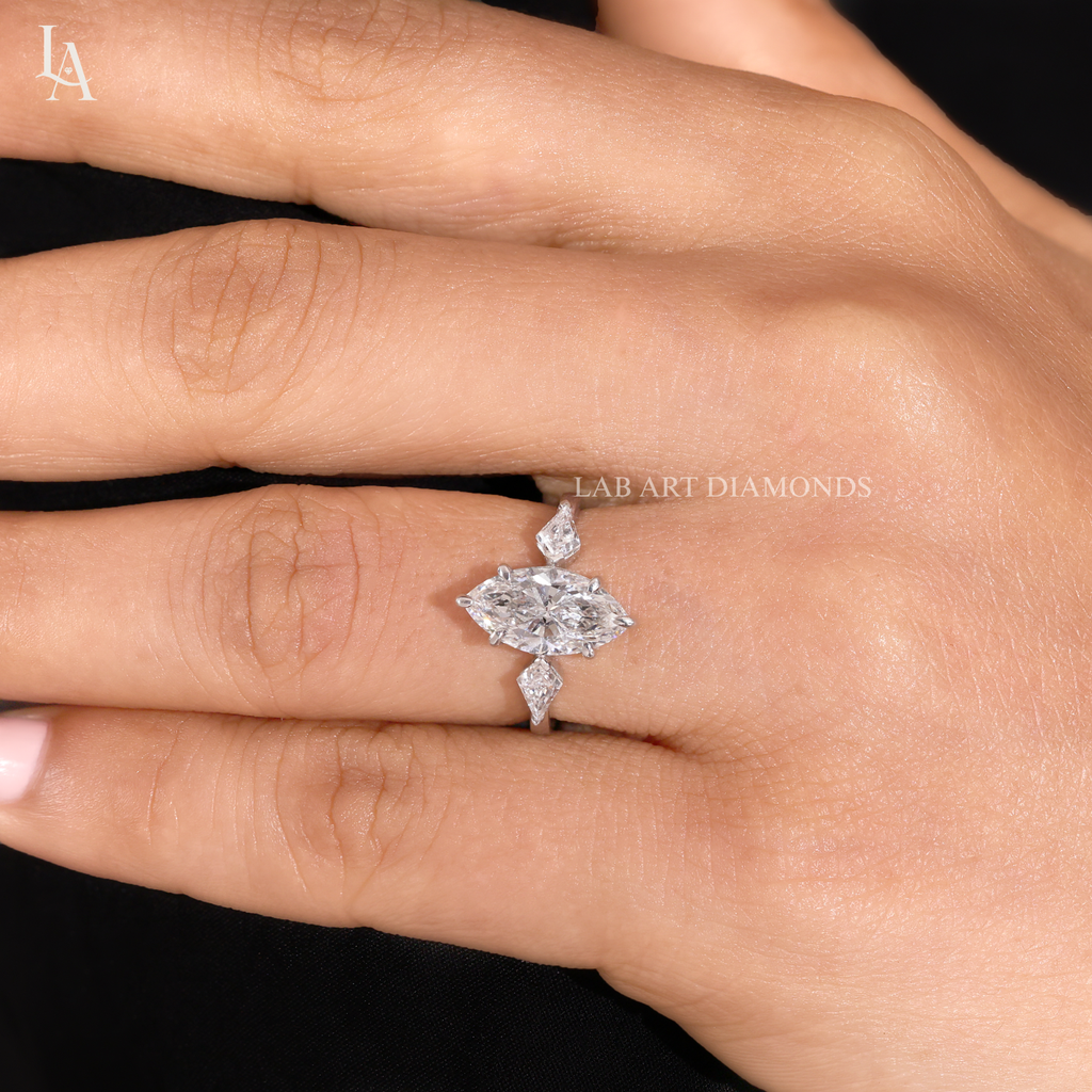 Marquise Cut 3 Stone Kite Side Art Deco Engagement Ring