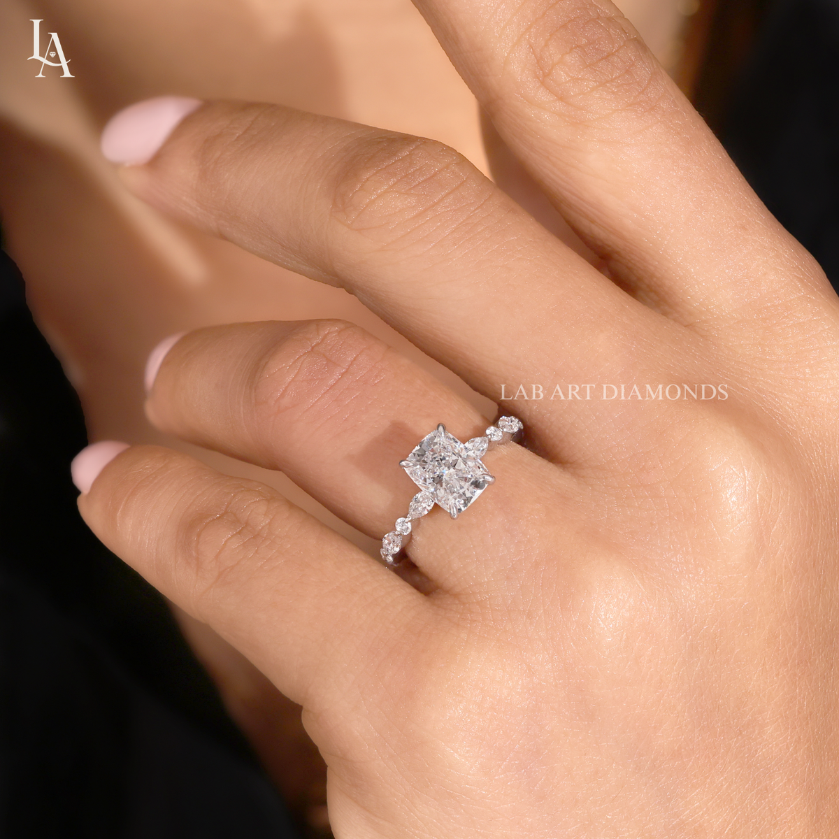 Cushion Cut Marquise Accent Solitaire Engagement Ring