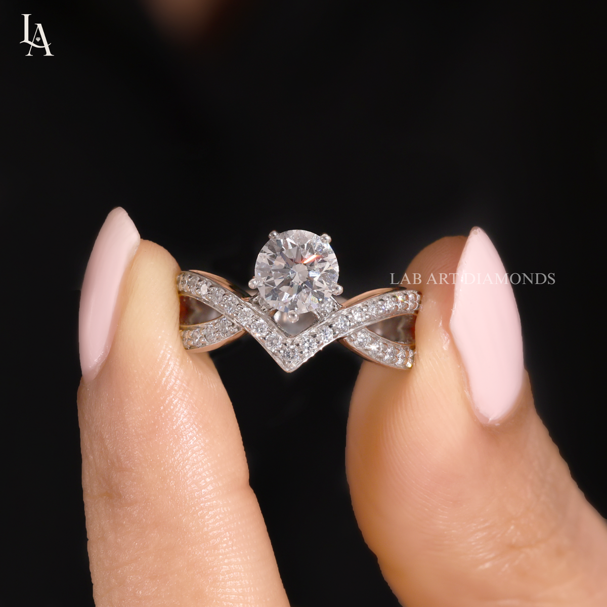 Round Cut Pave Crossover V Band Diamond Ring