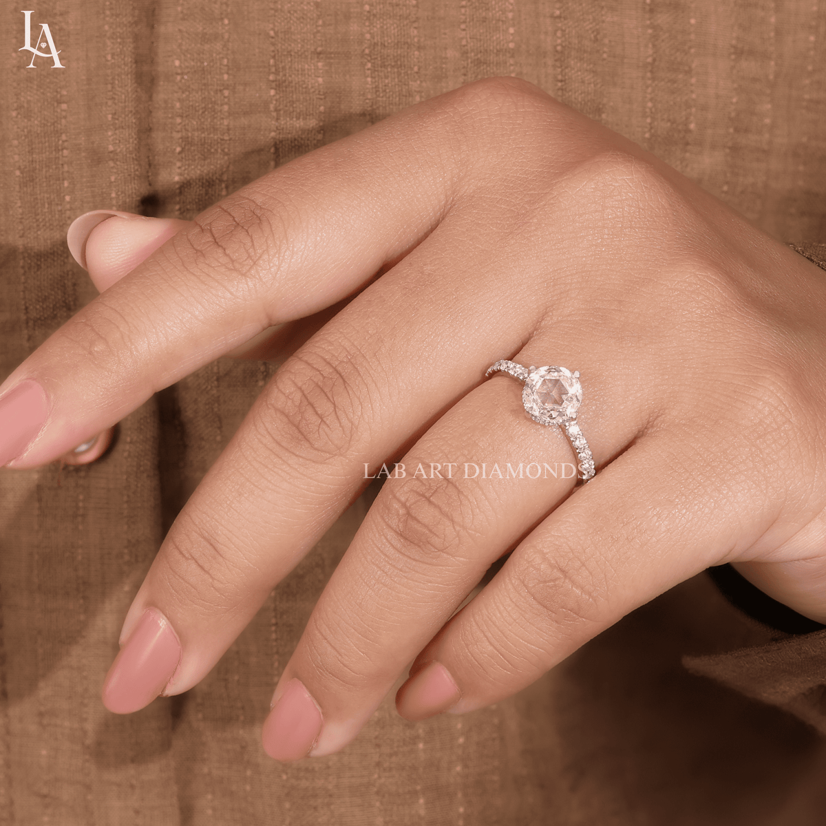 Round Rose Cut Hidden Halo Engagement Ring