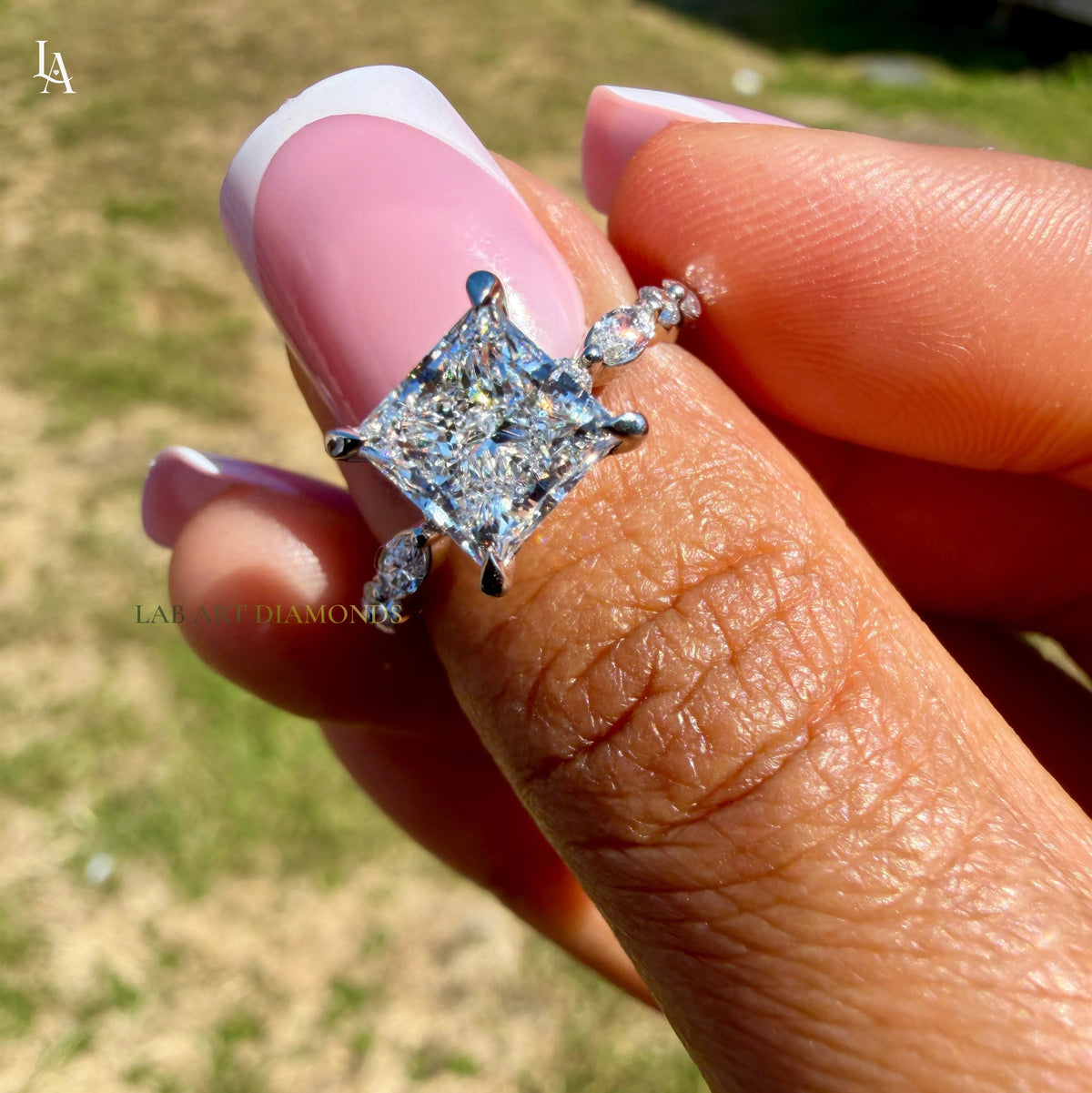 White gold Princess Cut Diamond Solitaire Engagement Ring with Hidden Halo and Four-Prong Setting