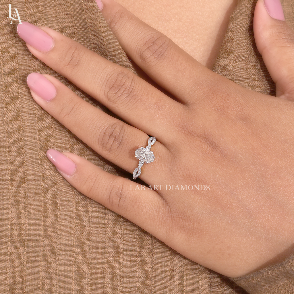 Oval Cut Hidden Halo Twisted Pave Band Engagement Ring