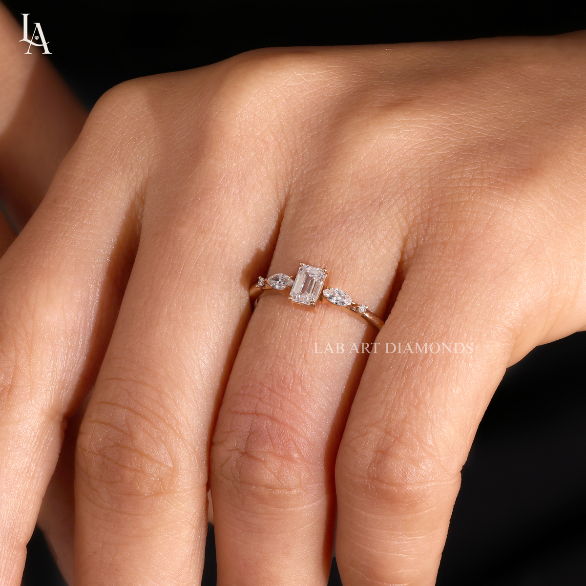 Emerald Cut Marquise Cluster Diamond Engagement Ring
